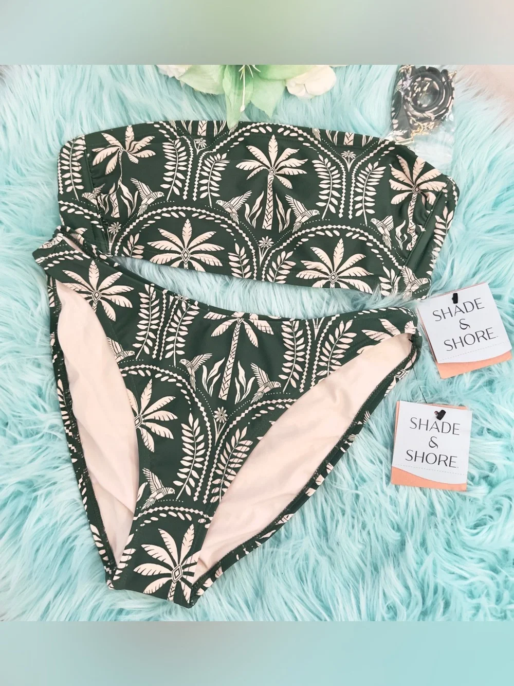 Dark Green Palm-Print Bandeau Bikini Swimwear Set Sz MED NEW!